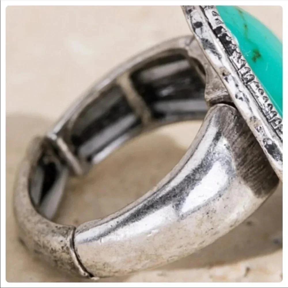 Boho Turquoise Statement Ring | Silver Stretch Western Jewelry